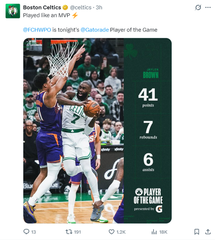 杰伦-布朗单场41分创绿凯队史纪录引争议