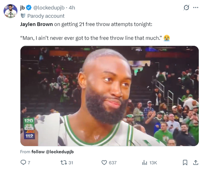 杰伦-布朗单场41分创绿凯队史纪录引争议